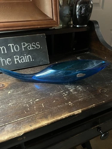 BLENKO Art Glass BLUE Cornucopia Horn Vase Winslow Anderson 17"