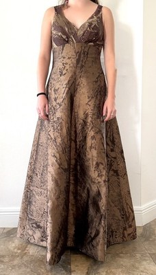 VTG Yvonne de la Vega 100% Silk Brocade Bronze Gold Formal Maxi Gown USA 6 M