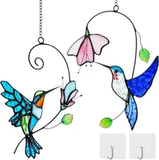 Hummingbird Stained Glass Window Green with Flower 2 Packs