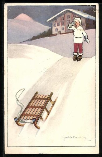 Pocztówka chłopiec płacze bo sanie jeżdżą same 1924  - Zdjęcie 1 z 2