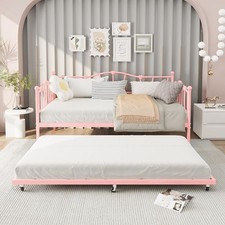 Twin Daybed with Trundle, Metal Sofa Bed Frame with Steel Slat Support,Pink