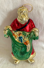 VINTAGE 6.5" HARD PLASTIC METALLIC LOOK SANTA W/BAG OF TOYS CHRISTMAS ORNAMENT