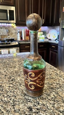 Vintage Leather Wrapped Green Liquor Bottle
