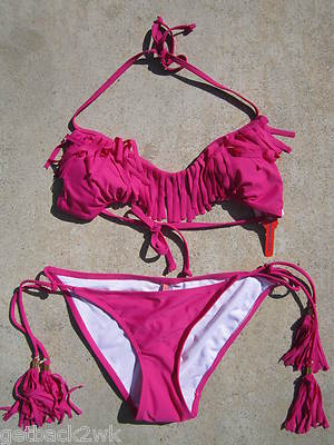 NEW APOLLO STRING BIKINI SWIMSUIT Size L FRINGE TASSELS Hot Pink