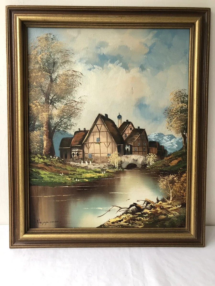 VINTAGE ORIGINAL FRAMED OIL PAINTING LANDSCAPE COUNTRY HOUSE
