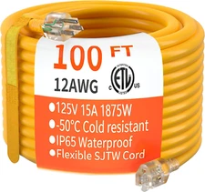 100 Ft 12/3 Gauge Heavy Duty Outdoor Extension Cord Waterproof with Lighted, Fle