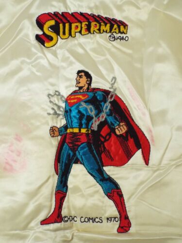 Vintage STORMIN NORMAN Embroidered SUPERMAN Comics Ivory Satin Bomber Jacket  XS - Picture 1 of 12