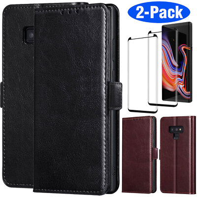 For Samsung Galaxy Note 9 Leather Wallet Protective Case Cover w/ Tempered Glass