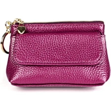 Purple Genuine Leather Woman Coin Purse Zipper Change Wallet Card Key Holder Bag