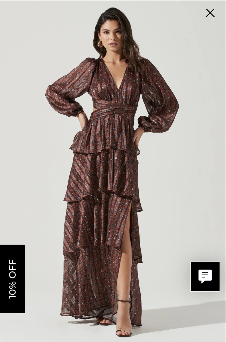 anora maxi dress in copper & black ditsy Sexy Long Black Formal Dress with Silver Beads– PromGirl