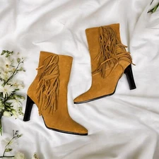 Brown Suede Fringe Ankle Boots Y2K Boho Chic Western Cowgirl Square Toe 90s US 6