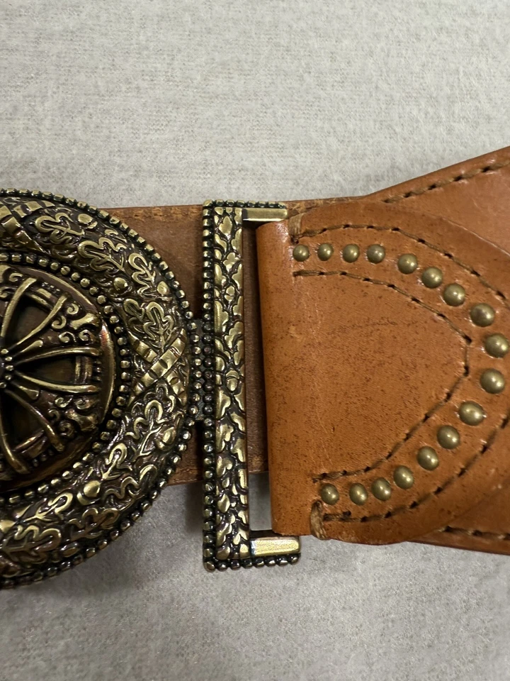 Cinturón Coldwater Creek Boho Cuero Marrón S/M Hebilla Medallón Ornamentado Ajustable Foto 3 de 4