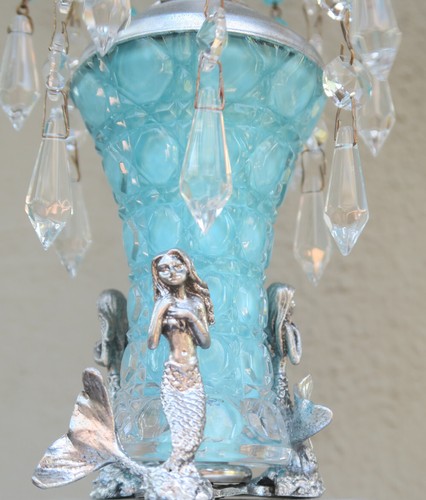 Mermaid ceiling canopy fixture Lamp Chandelier Blue Glass Brass Silver Crystal O - Picture 14 of 14