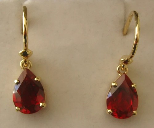 14k Solid Yellow Gold 4.00Ct Natural Red Ruby Drop Dangle Women's Earrings - Picture 7 of 12