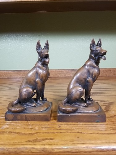 Signed Paul Herzel Antique Bronze German Shepherd Dog Book Ends - Set Of 2 - Picture 6 of 9