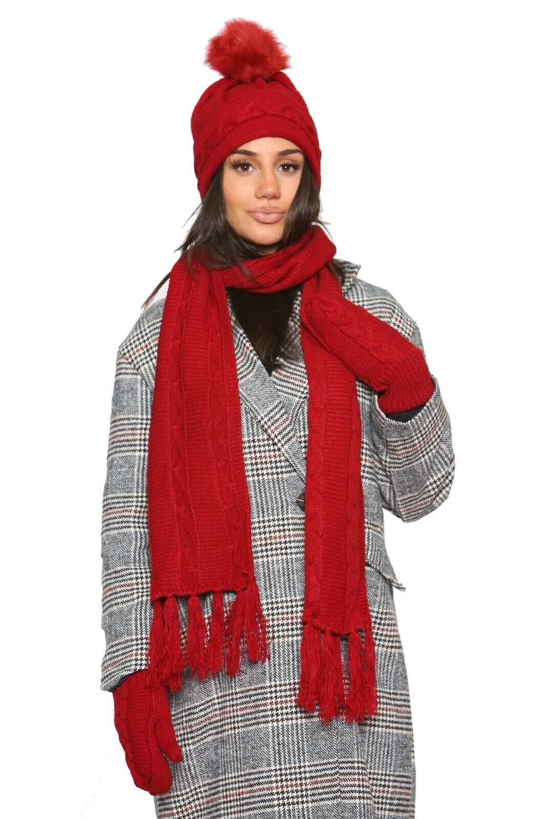 Women Ladies Knitted Woollen Wooly Hat Scarf & Mitten Set Warm Cozy