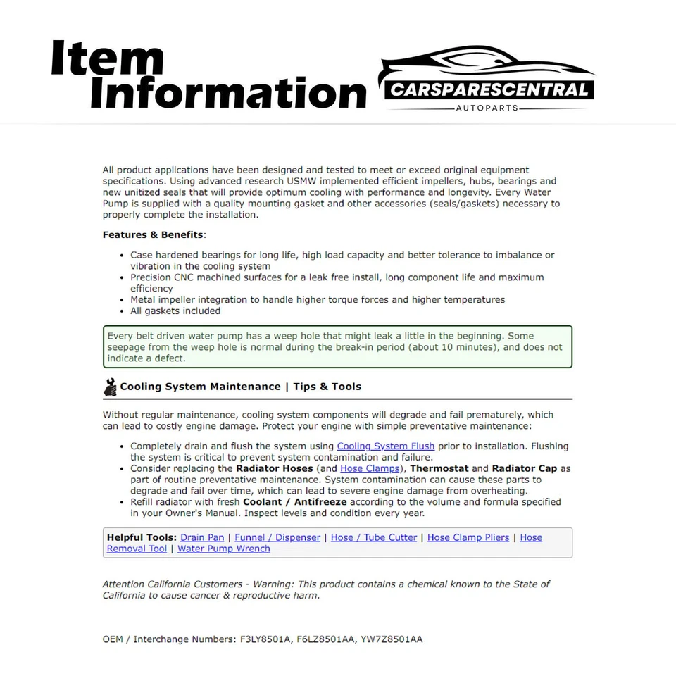 Bomba de agua del motor para Mercury Cougar 4,6 L 1994-1997 Foto 3 de 4