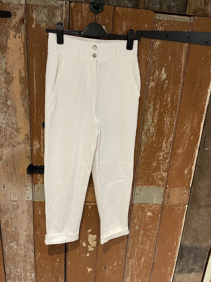 Próximo Jean Cónico tiro alto blanco bolsillos elásticos mezcla de algodón para mujer 8 Foto 2 de 4