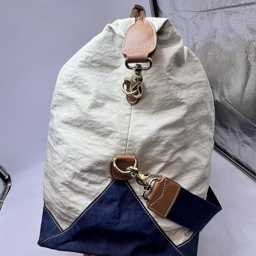 J McLaughlin Duffle Bag Large Weekender Cape Cod weiß blau hellbraun Leder Nylon - Bild 22 von 24