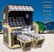 XL Teak Strandkorb 2-Sitzer Vollieger grau karier wettferfest Aufgebaut