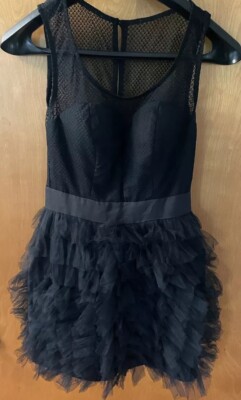 BCBGeneration NWT  Black Short Dress Size 0, Tutu Skirt, Mesh Open Back, Cups