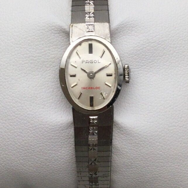 Vintage Pagol Incabloc Watch Women 15mm Silver Tone Oval Manual