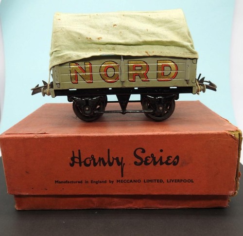HORNBY SERIES 1930-33 O GAUGE BOXED TINPLATE NORD COVERED WAGON 2nd VERSION - Foto 4 di 9