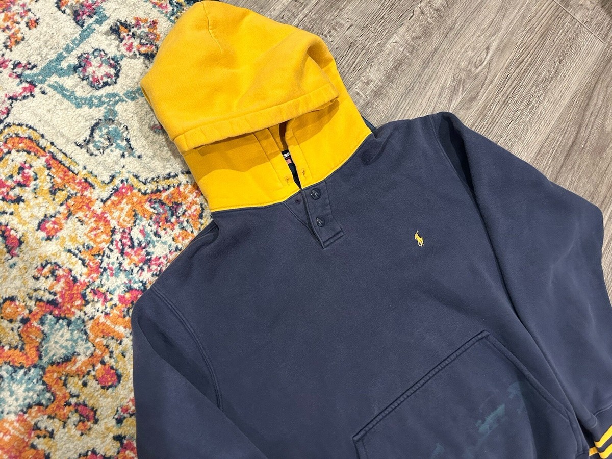 VINTAGE Polo Sport Ralph Lauren Navy Blue Gold Henley Hoodie 