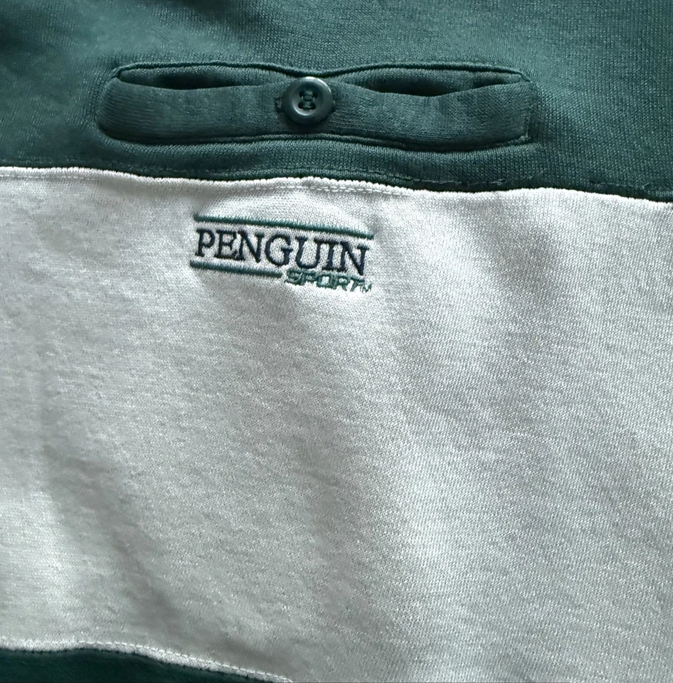 复古 Penguin 运动橄榄球衬衫 尺寸 XL 海军蓝 蓝绿色条纹 L/S Y2K 套衫 Polo — 第 3/4 张图片