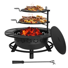 35 Inch Fire Pit with 2 Cooking Grate & Charcoal Pan, Outdoor Wood Burning BB...