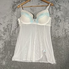Y2K Vibe Gilligan  O'Malley White Mesh Babydoll Slip Dress Aqua Lace Trim XL
