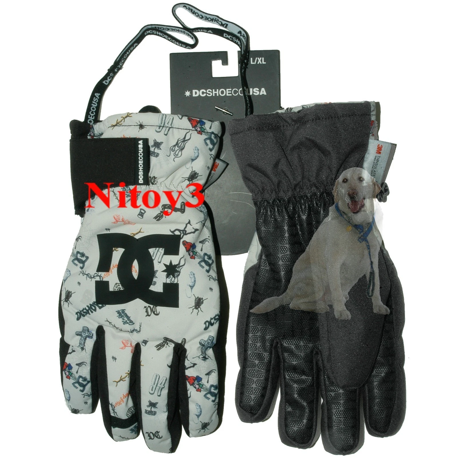 DC-SHOE Cream/Graphic Ski-Snowboard Gloves-Water/Wind Proof Men M/L(girth): 8-9"