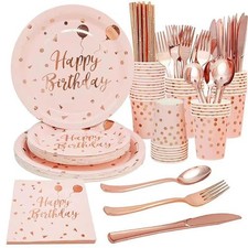 200PCS Rose Gold Birthday Decorations for Girl Party Plates and Cups and Napkins