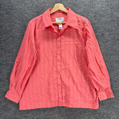Villager Shirt Women 1 Pink Striped Button Up Collared Long Sleeve Cotton Top