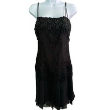 VTG Jessica McClintock Mini Dress 6 Black Bead Floral Brocade Lace Chiffon Party