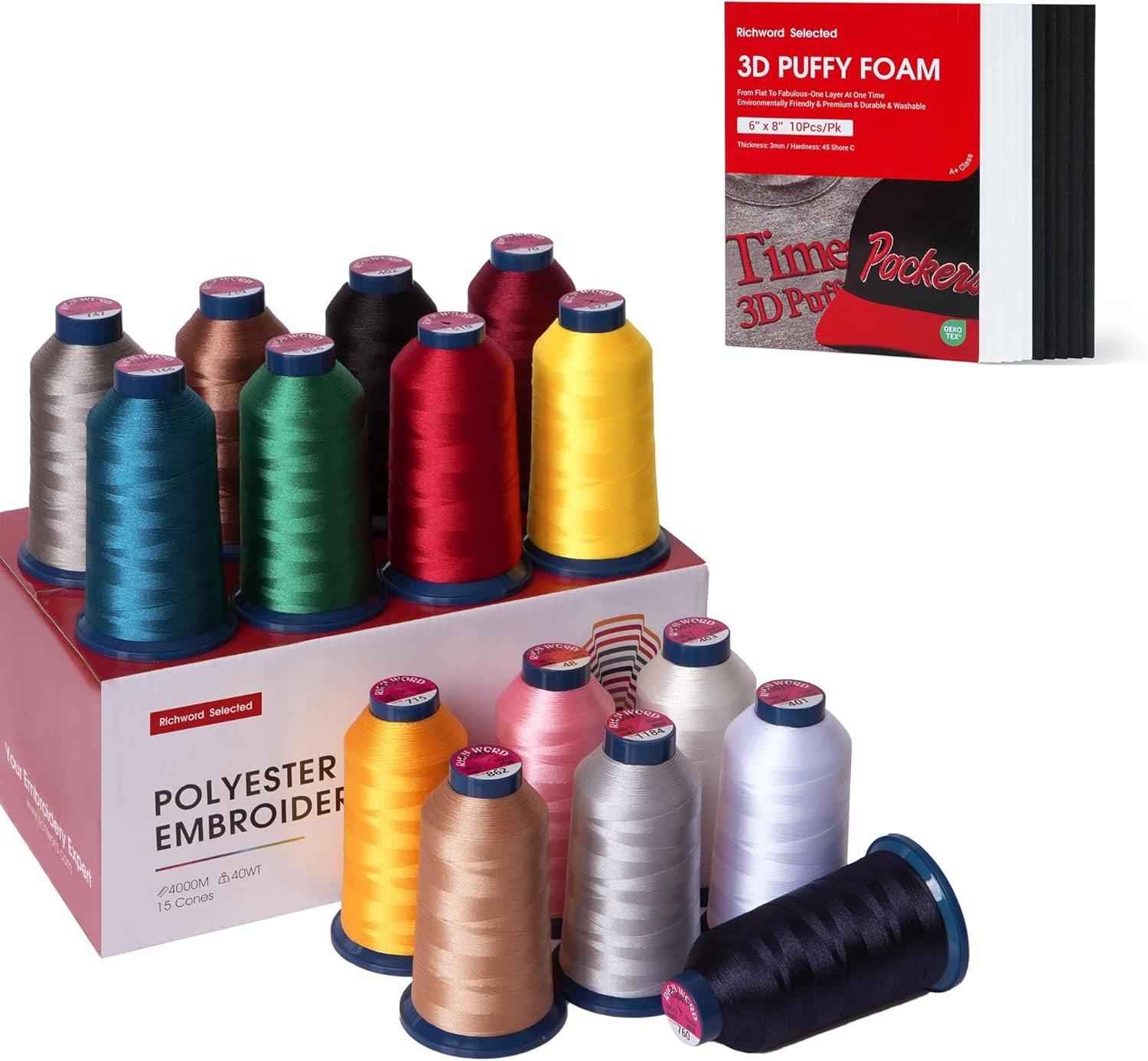 Thread Set 15 Colors + 10pcs 3d Puffy Foam (5 White, 5 Black