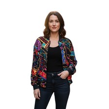 Vintage 80s Silk Satin Bomber Jacket Abstract Baroque Print OSFM