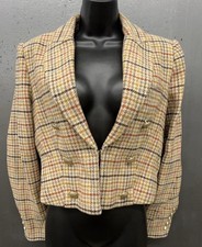 Wool Blend Tweed Blazer Jacket Women 6 Brown Houndstooth Plaid Crop Buttons Chic