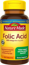 Nature Made Folic Acid 400 Mcg Supplement for Nervous System, 250 Tablets