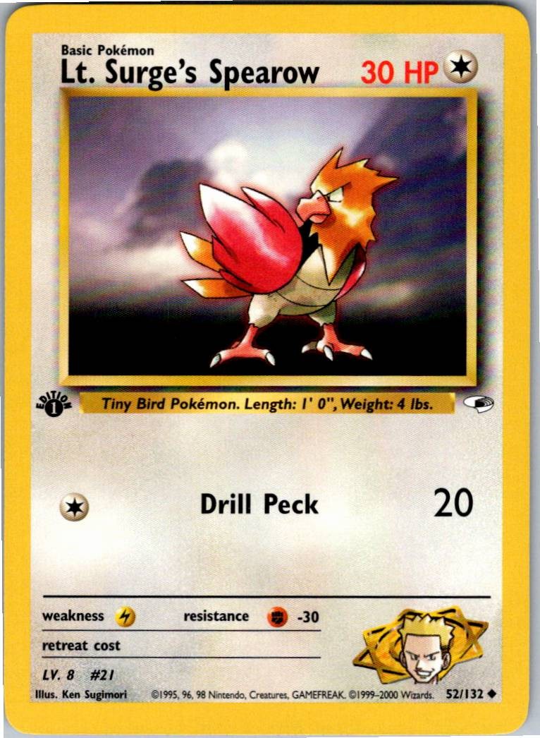 Lt. Surge's Spearow (52) Uncommon Gym Heroes 052/132 NM 1st Edition