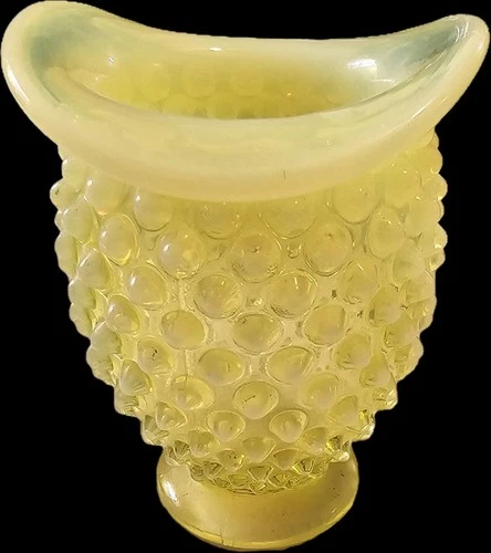 Fenton Vaseline Uranium Hobnail Glass Mini Fan Vase 3.75 Inches appx