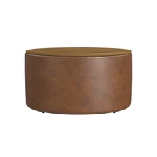Wood Top Storage Ottoman Brown Faux Leather - HomePop: Modern Round Upholstered