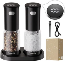 TOMEEM Electric Salt and Pepper Grinder Set – Rechargeable with LED Black 