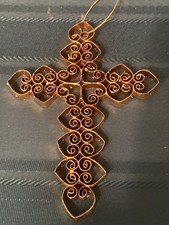 Rolled/curled Gold Metal Cross Christmas ornament 5.75  T 4  W