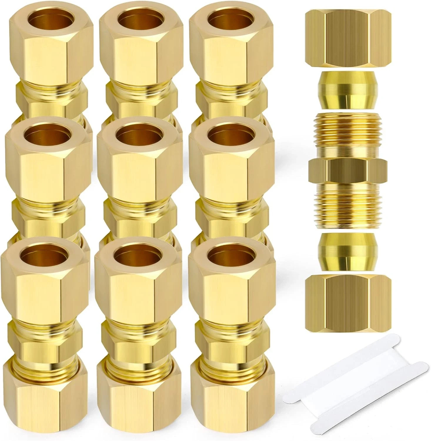 10PCS Brass Compression Tube Pipe Fitting Connector, 1/4" Tube OD X 1/4" Tube OD