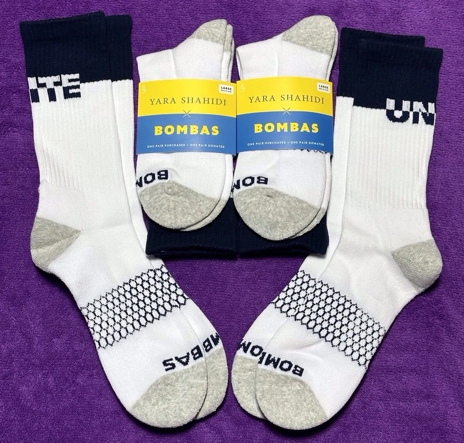 4-Pairs Limited Edition Bombas x Yara Shahidi Calf Socks White Navy Size Large