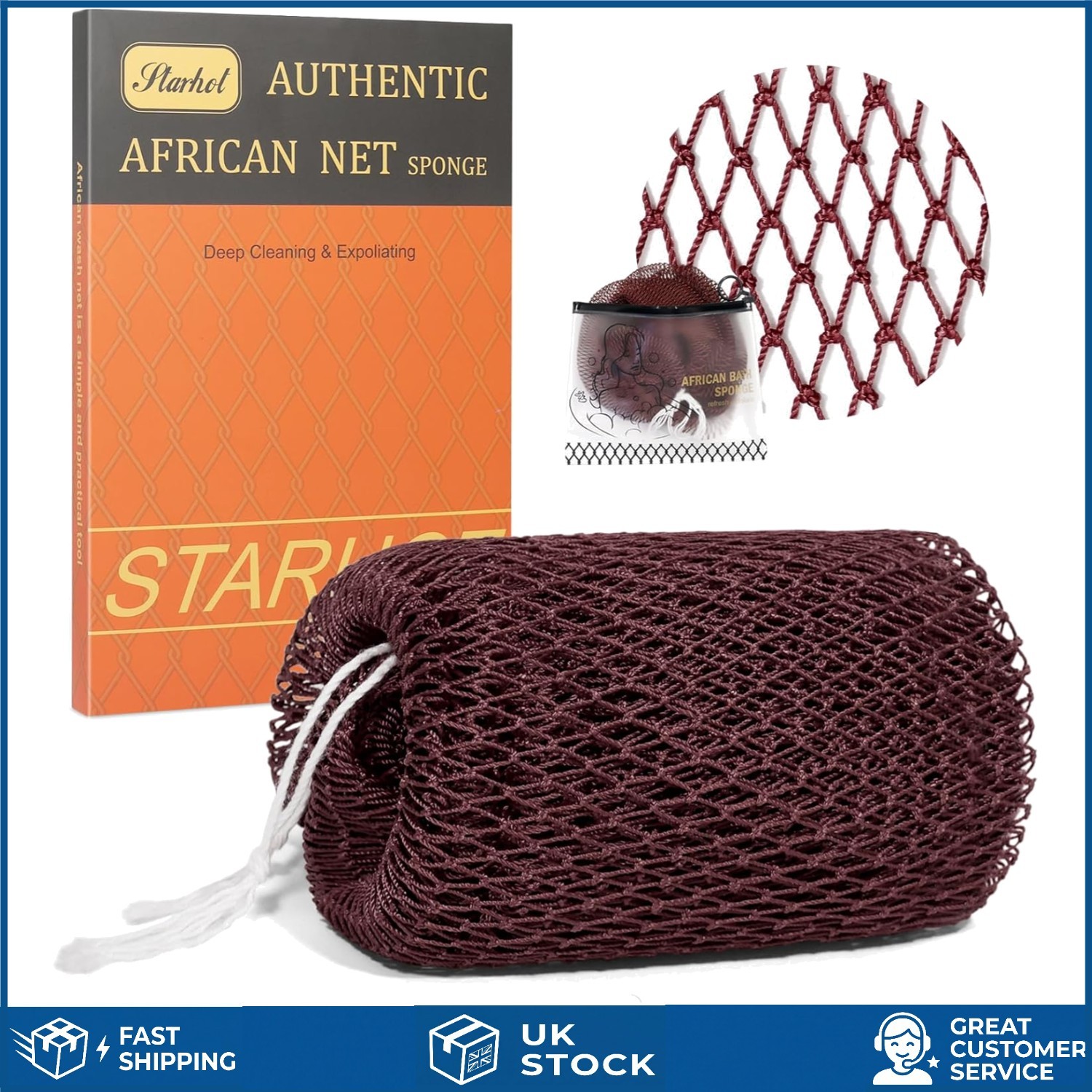 Authentic Knotted African Net Sponge Long Exfoliating Back Scrubber 39in