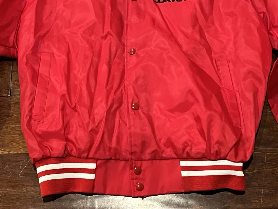 VTG Auburn Red White Striped Mens XL Corvette Stingray Satin Snap Bomber Jacket - Image 4 of 4