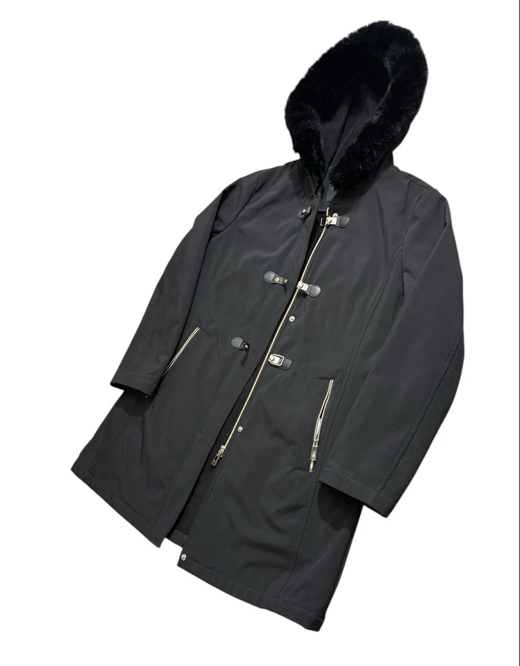 Gabardina negra para mujer Ivanka Trump de piel sintética capucha palanca bolsillos con cremallera Foto 2 de 4