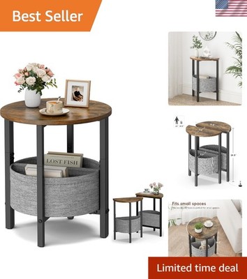 Round Side Table Set of 2 Small Accent End Tables with Storage Basket